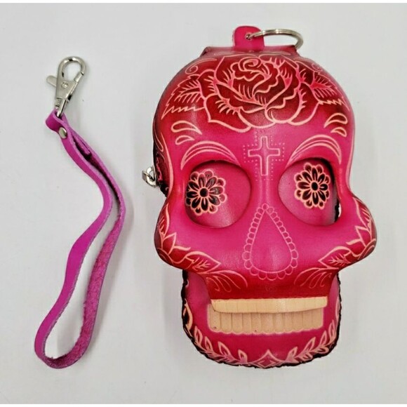 Sugar Skull Leather Wristlet Wallet Hot Pink Day of the Dead Coin Purse Keychain - Picture 3 of 15